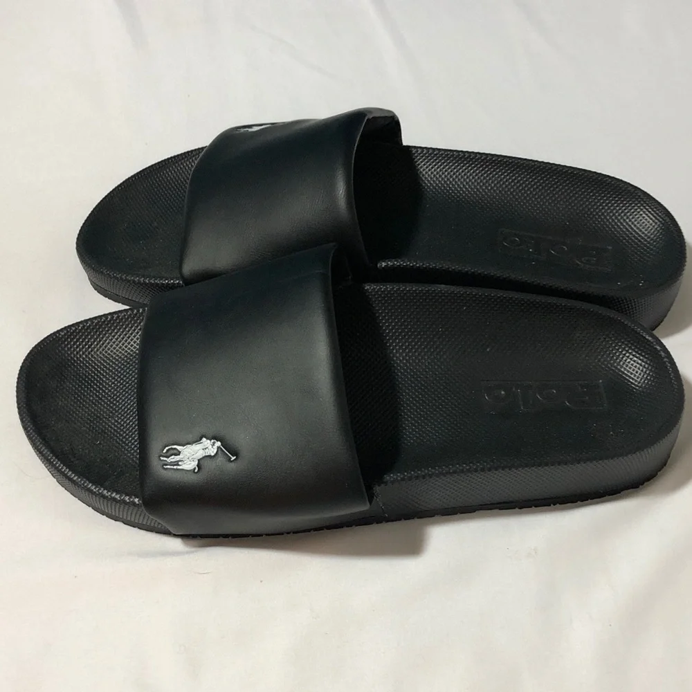 Polo Ralph Lauren mens cayson black slides white pony sz 9 pool beach gym shoes